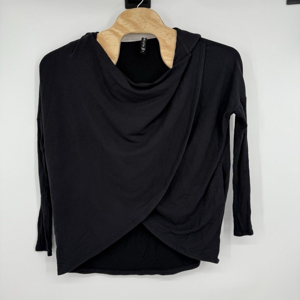 Athleta Purana Wrap Sweatshirt Womens Small Black Hooded‎ Soft Top Relax Pockets